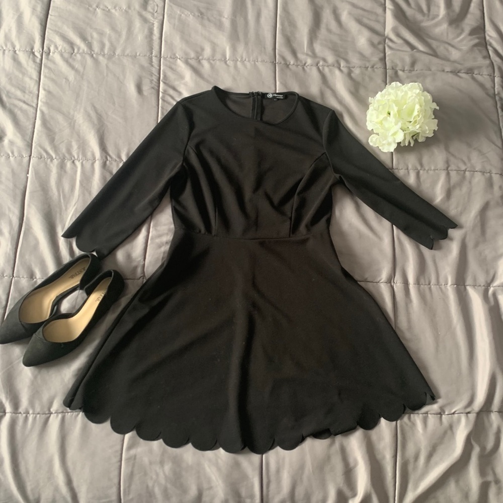 Black Scallop Hem A-Line Dress